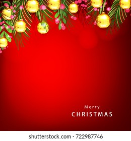 Christmas Typographical greeting card on shiny Xmas background with  light, leaves , flowers , with text of Merry Christmas for xmas  holidays and celebration
