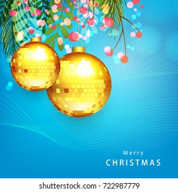 Christmas Typographical greeting card on shiny Xmas background with  winter landscape ,snowflakes, light, leaves , golden xmas ball  with text of  Merry Christmas for xmas  holidays and celebration