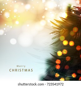 Christmas Typographical greeting card on shiny Xmas background with  winter landscape ,snowflakes, light, leaves , golden xmas ball  with text of Merry Christmas for xmas  holidays and celebration