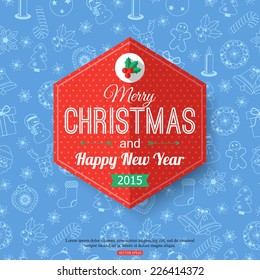 Christmas typographical label over blue seamless pattern