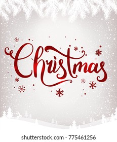 Christmas typographical on background with winter landscape with snowflakes, light, stars. Xmas card. Vector Illustration