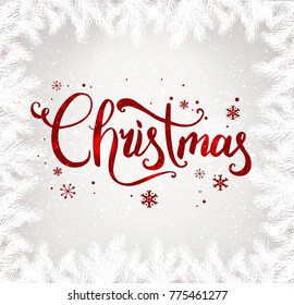 Christmas typographical on background with winter landscape with snowflakes, light, stars. Xmas card. Vector Illustration