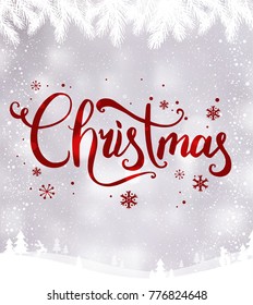 Christmas typographical on background with winter landscape with snowflakes, light, stars. Xmas card. Vector Illustration