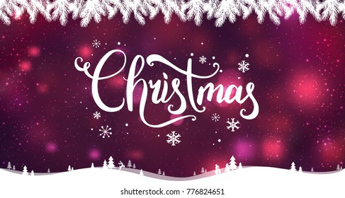 Christmas typographical on background with winter landscape with snowflakes, light, stars. Xmas card. Vector Illustration