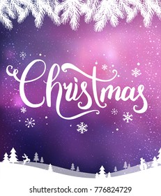 Christmas typographical on background with winter landscape with snowflakes, light, stars. Xmas card. Vector Illustration