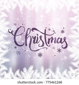 Christmas typographical on blue background with winter landscape with snowflakes, light, stars. Xmas card. Vector Illustration