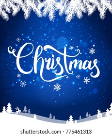 Christmas typographical on blue background with winter landscape with snowflakes, light, stars. Xmas card. Vector Illustration