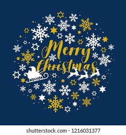 Christmas Typographical on dark navy Xmas background with santa claus and reinderr sleigh and snowflakes. Merry Christmas card. Vector Illustration