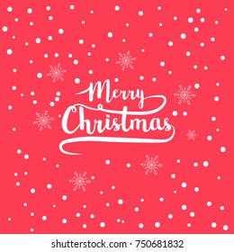 Christmas Typographical on red  background with snowflakes. Merry Christmas card. Vector Illustration