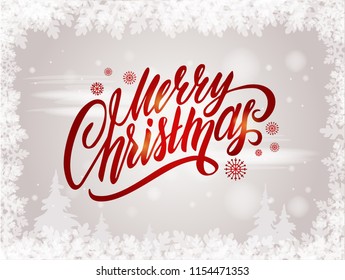 Christmas Typographical on Xmas background. Nowflakes, winters landscape, light, stars. Merry Christmas card. Xmas. Vector Illustration