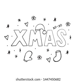 Christmas Typographical on  Xmas background with winter landscape with snowflakes, hart, Santa hat, hands . Merry Christmas card. Vector Illustration. Black ink.