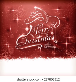 Fondo de tipografía navideña con efectos brillantes de luz, luces borrosas y brillantes copos de nieve en tonos rojos y la redacción Feliz Navidad y Feliz Año Nuevo.