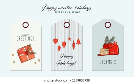 Christmas typography card with deoration balls, New Year eve mail, gifts and text quotes greetings. Modern doodle sketch, Xmas winter art