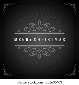 Christmas typography greeting card and flourishes ornament decoration. Merry Christmas holidays wish and happy new year message chalk style design on chalkboard background. Vector illustration.