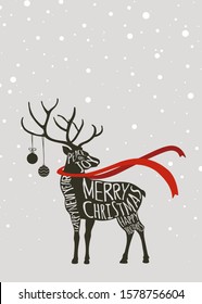Christmas Typography Greeting card, reindeer with red scarf and snow. 	