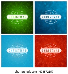 Christmas Typography Greeting Cards Design Set. Christmas lights and Snowflakes Backgrounds. Vector illustration EPS 10.