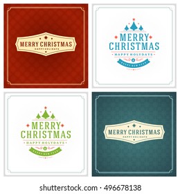 Christmas Typography Greeting Cards Design Set. Holidays wishes retro style vintage ornament decoration. Vector illustration EPS 10.