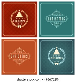 Christmas Typography Greeting Cards Design Set. Holidays wishes retro style vintage ornament decoration. Vector illustration EPS 10.