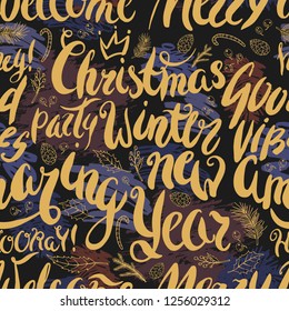 Christmas typography. Merry Christmas holiday vector seamless pattern. Calligraphy happy background. Hand drawn lettering illustration.