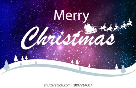 Christmas typography on starry winter landscape background, vector art illustration.