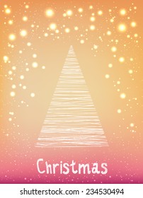 Christmas typography on yellow galaxy background with tree. Handwriting. Holiday Vector Lettering. Xmas card