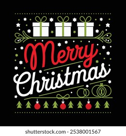 christmas typography T shirt design with editable vector graphic. Perfect for print items and bags, posters, cards. isolated on black background.