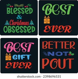 Paquete de diseño de camiseta de tipografía navideña, formato de archivo EPS, tamaño de 2500x2500 píxeles, archivo editable, gráfico imprimible, 300 PPP (PPI), fondo blanco.