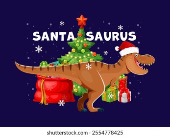 Christmas tyrannosaurus dinosaur greetings. Cartoon vector trex dino animal wearing Santa hat stands beside a decorated Christmas tree and presents, creating a fun, playful and festive holiday mood