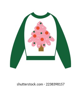 Christmas ugly cozy warm sweater with decorated tree, lights, baubles, balls. New Year clothes with winter holiday symbols.