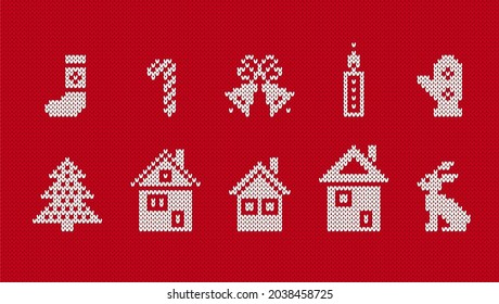 Christmas ugly elements. Knit seamless pattern. Sweater border. Red texture with bells, tree, stocking and house. Knitted print. Xmas ornament. Vector illustration