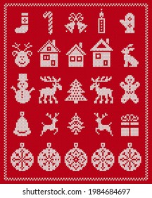 Christmas ugly elements. Vector. Knit seamless pattern. Sweater xmas border. Fair isle ornament with snowflake, deer, gingerbread man, tree, snowman, gift box. Knitted print. Red textured illustration