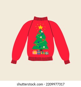 Christmas ugly red winter sweater in flat line trendy style, green Xmas tree red costume with gifts. Hand drawn holiday cartoon colorful vector illustration for party. Warm knitted jumper.