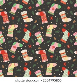 Christmas ugly stockings on charcoal gray vector seamless pattern design.