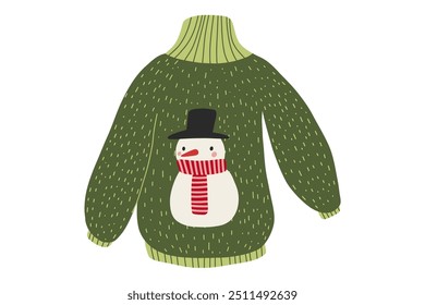 Christmas ugly Sweater. Cartoon sweater. Knitted comfort christmas winter clothing. Wool cozy cute hand drawn cardigan. Stock Vector illustration isolated on white background.