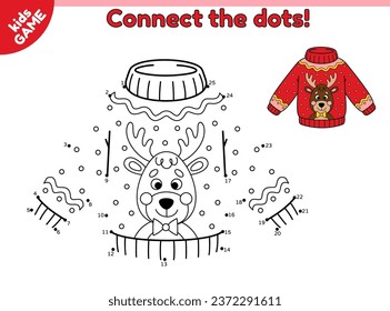 Christmas ugly sweater with deer. Dot to dot game for children. Connect the dots by numbers and draw a cartoon holiday New Year jumper. Educational puzzle for kids. Vector outline illustration.