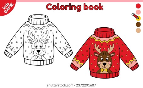 Christmas ugly sweater with deer. Page of coloring book for kids. Color holiday New Year jumper. Activity for preschool children. Vector outline illustration of traditional clothes for Xmas party.