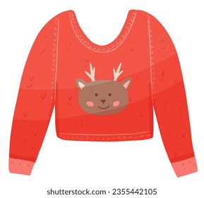 Christmas ugly sweater with deer in red color. Vector holiday illustration