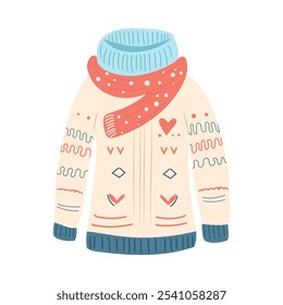 Christmas ugly sweater in flat design. Warm winter traditional knit clothing. Vector illustration isolated.