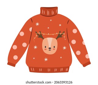 Christmas ugly sweater isolated on white background. Cute winter sweater. Flat vector illustration