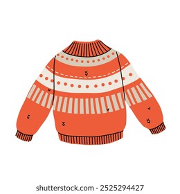 Christmas ugly sweater or jumper with decorative abstract elements. Knitted woolen warm clothing pullover. Vector hand drawn illustration in cartoon style.