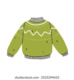 Christmas ugly sweater or jumper with decorative abstract elements. Knitted woolen warm clothing pullover. Vector hand drawn illustration in cartoon style.