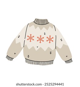 Navidades feo suéter o jumper con Elementos abstractos decorativos. Suéter de punto de lana para ropa de abrigo. Vector dibujado a mano ilustración en estilo de dibujos animados.