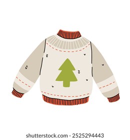 Christmas ugly sweater or jumper with decorative abstract elements. Knitted woolen warm clothing pullover. Vector hand drawn illustration in cartoon style.