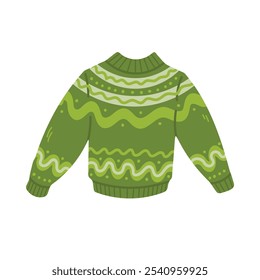 Christmas ugly sweater or jumper with decorative ornament. Knitted woolen warm clothing pullover. Vector hand drawn illustration in cartoon style.
