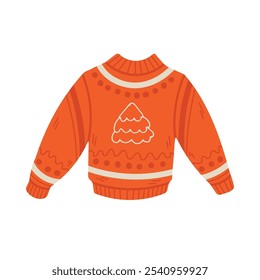 Christmas ugly sweater or jumper with decorative ornament. Knitted woolen warm clothing pullover. Vector hand drawn illustration in cartoon style.
