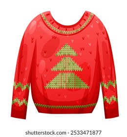 Christmas ugly sweater with knit texture in red color. Vector holiday illustration