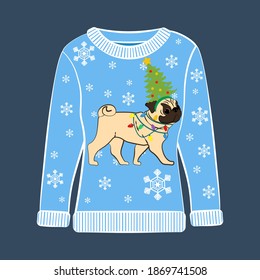 Christmas ugly sweater on the blue background. Vector illustration