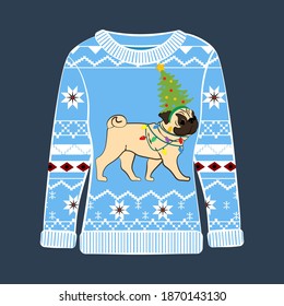 Christmas ugly sweater on the blue background. Vector illustration