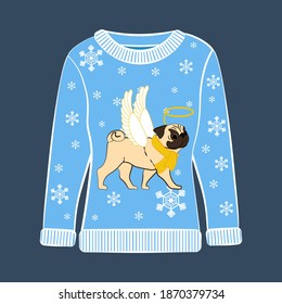 Christmas ugly sweater on the blue background. Vector illustration
