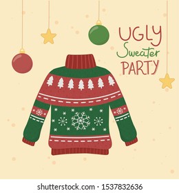 christmas ugly sweater party balls stars hanging vector illustration